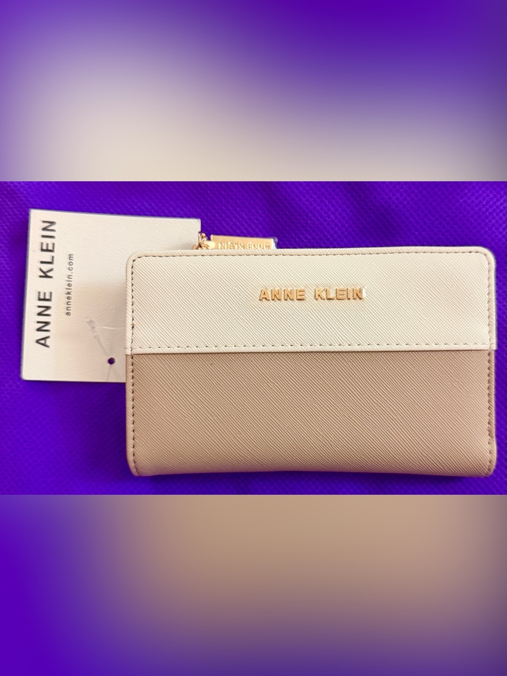 Anne Klein Two-Tone Cream and Tan Zip Wallet with Gold Logo